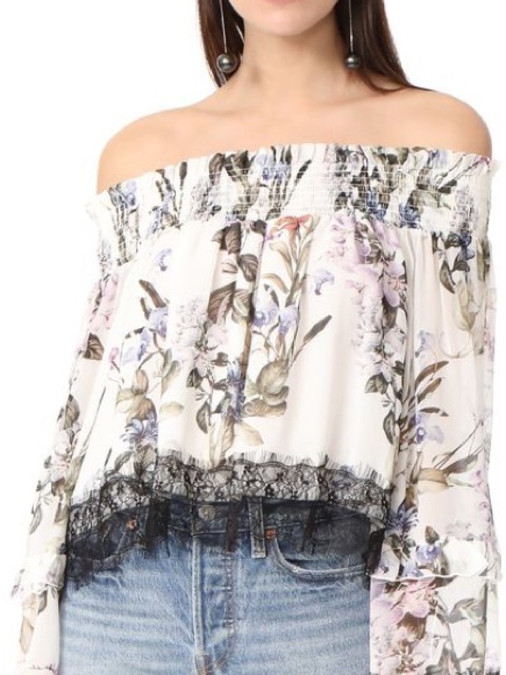NICHOLAS Off-Shoulder Smocked Floral Silk Blouse with Black Lace Trim